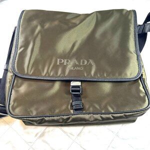 Prada Tessuto Nylon Messenger Bag - Military Green with Black Leather Trim Light